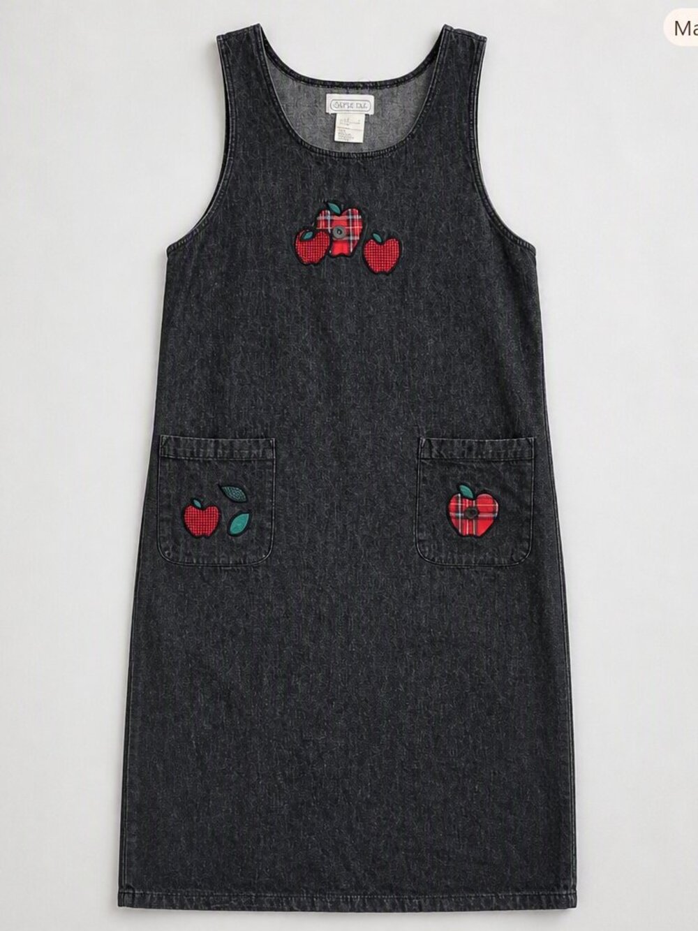 Vintage 90s Mandal Bay Black Denim Jumper Dress XL Apple Plaid Patchwork Maxi